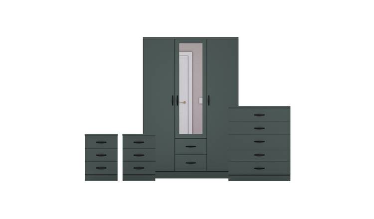 Vida Designs Riano Bedroom Set (Bedsides, 5 Drawer Chest, Mirror Wardrobe)-Green
