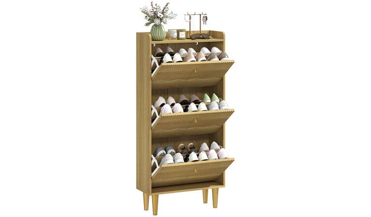HOMCOM 3 Flip Drawers Narrow Shoe Cabinet with Top Shelf - Oak