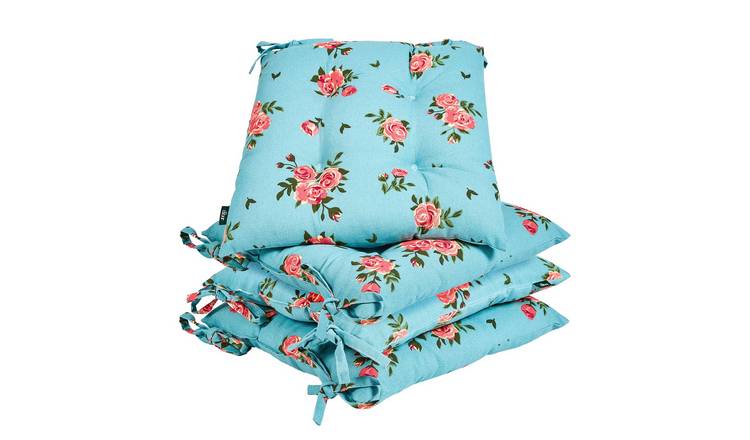 Dibor Set of 4 Floral Outdoor Garden Chair Cushion Seat Pads - Blue