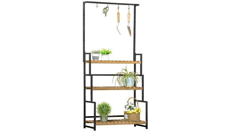 Outsunny 3 Tiered Tall Plant Stand with Hanging Hooks - Black and Natural