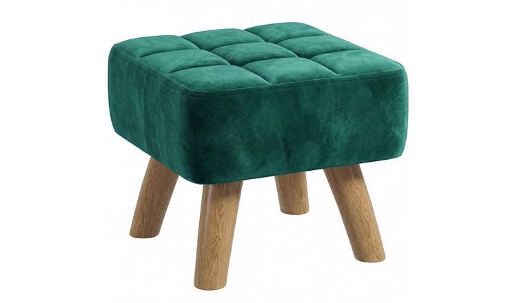 HOMCOM Velvet Tufted Footstool with Rubber Wood Legs - Dark Green