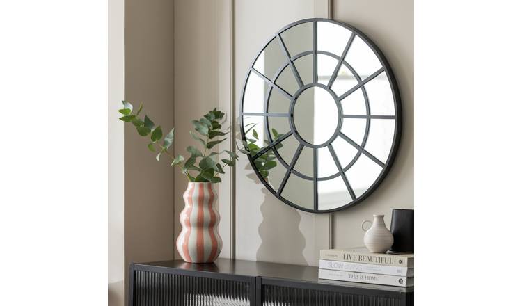 Habitat Black Windowpane Round Wall Mirror - 60x60cm