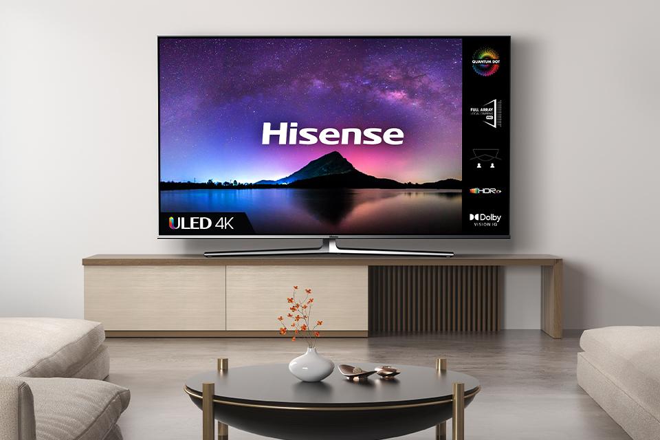 Hisense TV stood in living room.