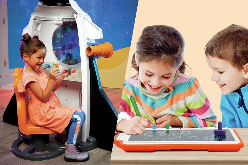  A split image of a girl playing with Little Tykes Adventure Rocket on one side and two kids using i-Doodle Drawing Kit on the other.