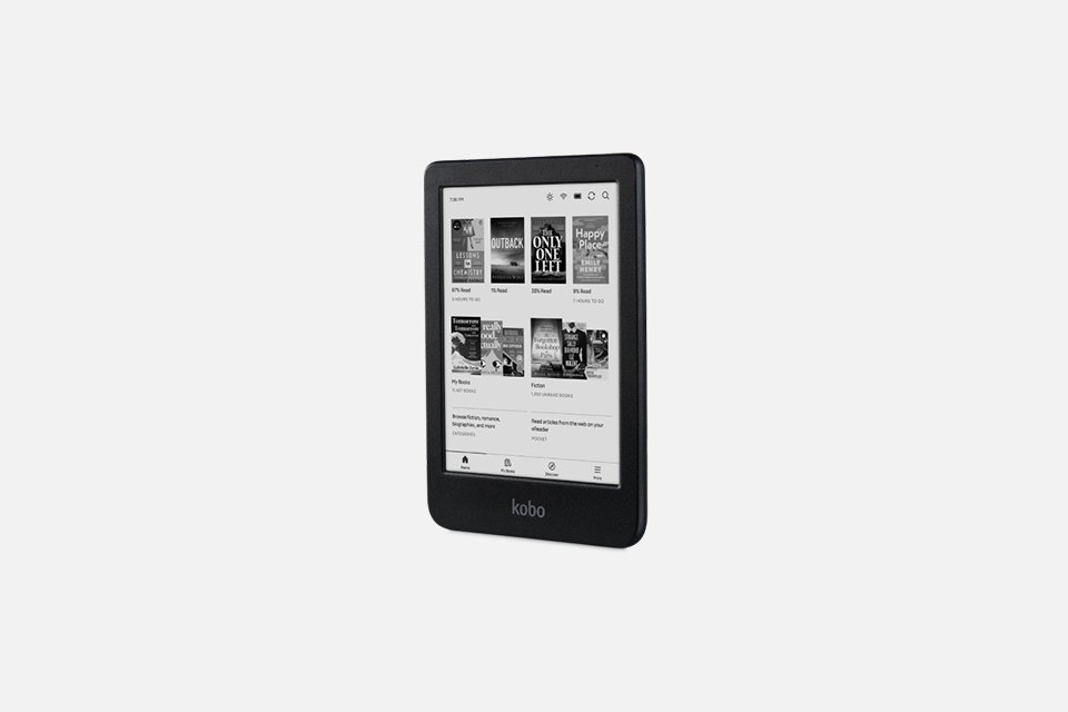 Kobo Clara BW eReader with a minimalist black design and rounded edges. 