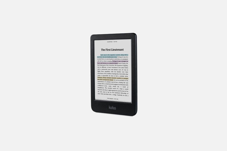 Rakuten Kobo Clara Colour eReader displaying a page from an e-book titled "The First Lieutenant." 
