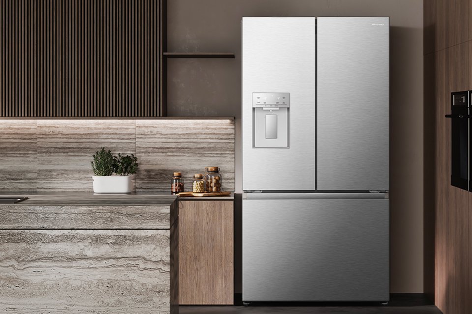 Hisense multi-door fridge freezer placed in a modular kitchen.