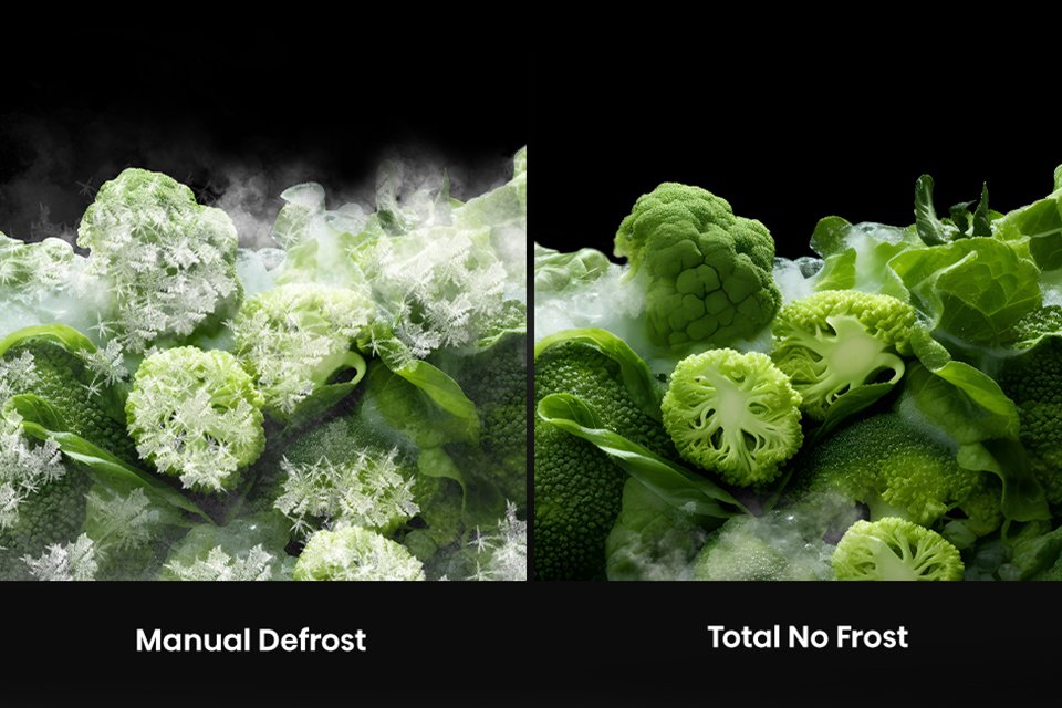 Split screen showing broccoli under total no front technology and depe frost technology.