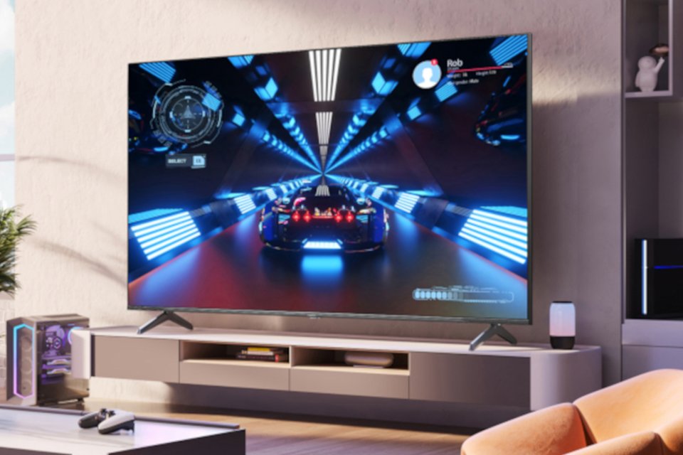 A Hisense smart TV in a modern living room setup.
