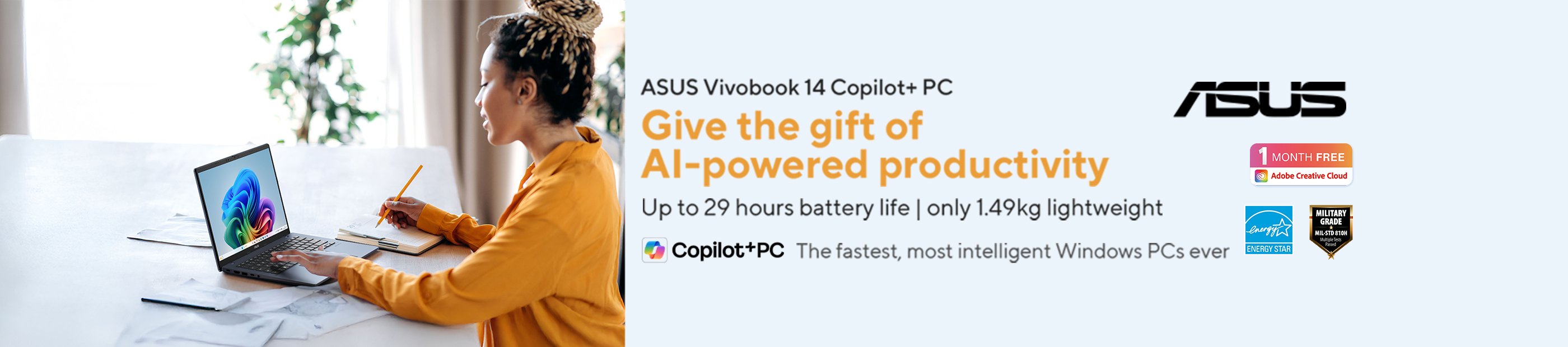 Asus. Vivobook 14 Copilot+ PC. The fastest, most intelligent Windows PCs ever.