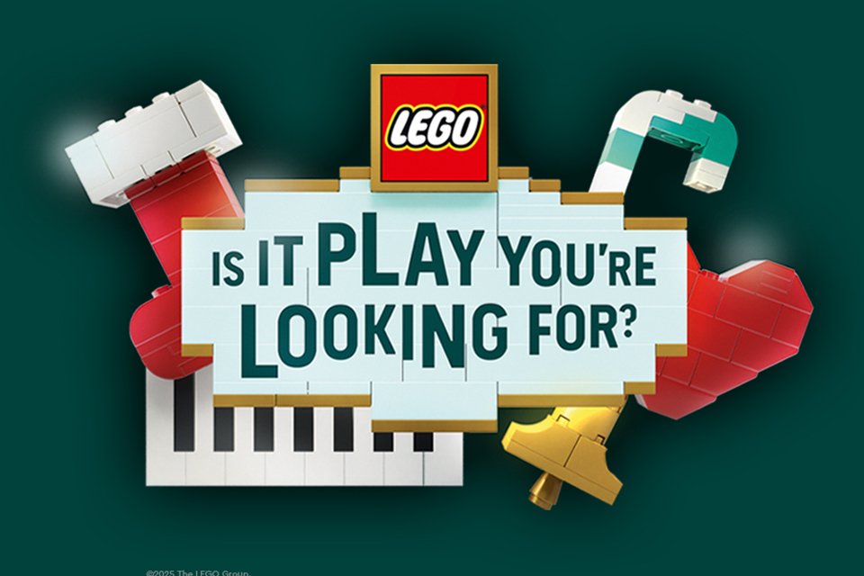 Festive LEGO® toys floating on a green background and a sign asking 'is it play you're looking for?'