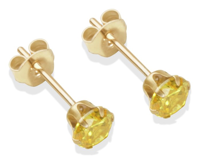 9ct Gold Citrine Coloured Cubic Zirconia Stud Earrings - 4mm