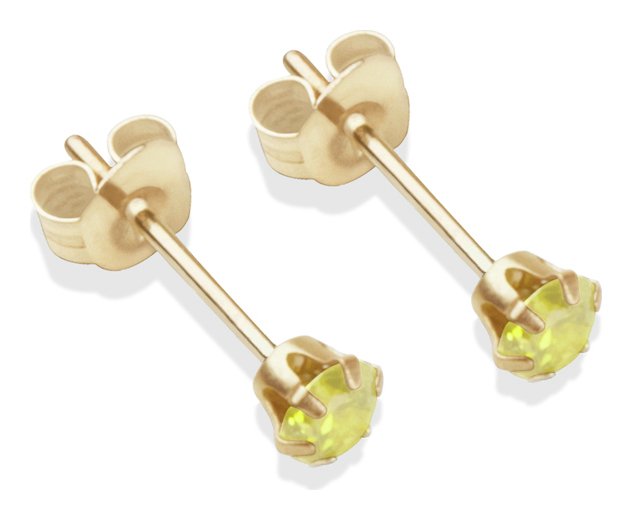 9ct Gold Light Peridot Coloured CZ Stud Earrings - 3mm