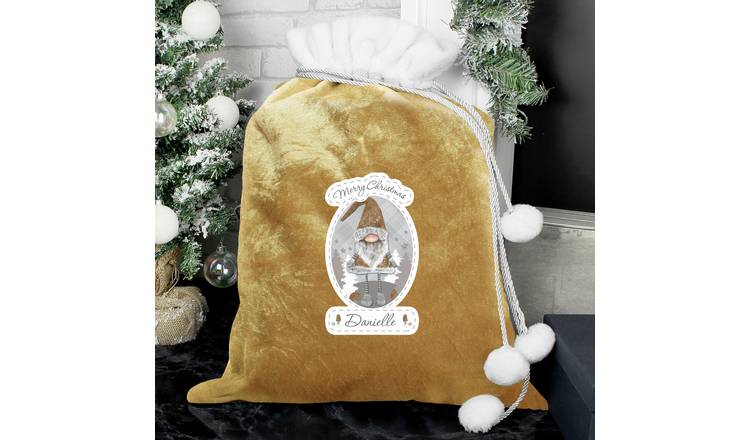 Personalised Message Gonk Pom Pom Gold Christmas Sack