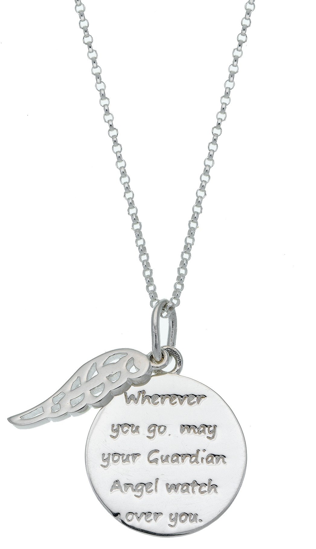 Moon & Back Silver Guardian Angel Pendant 18 Inch Necklace