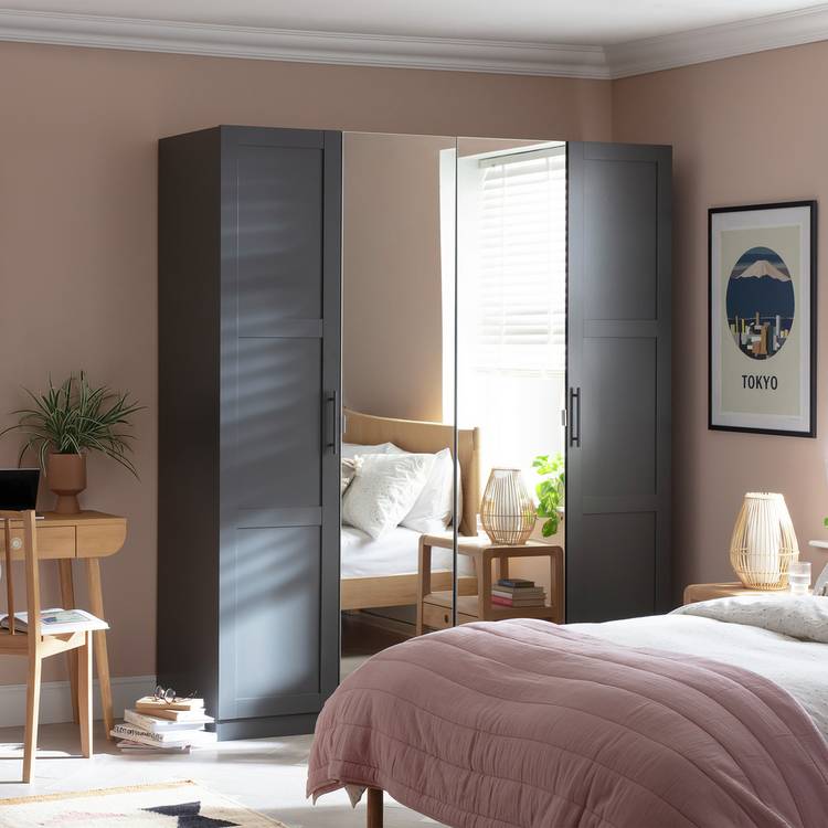 Habitat Munich Panelled 4 Door Mirror Wardrobe - Anthracite 0