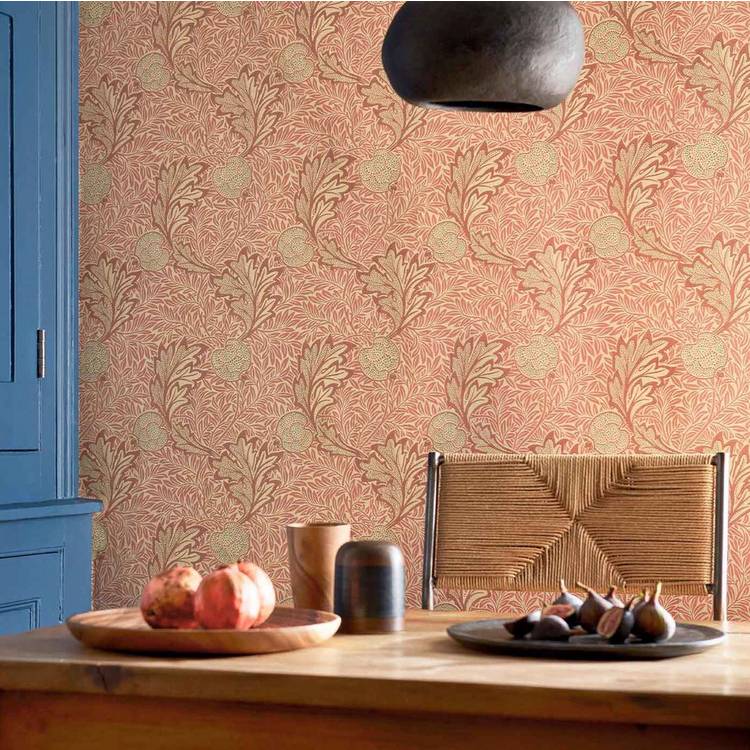 Morris & Co. Rust Gold Apple on Red Floral Wallpaper 0