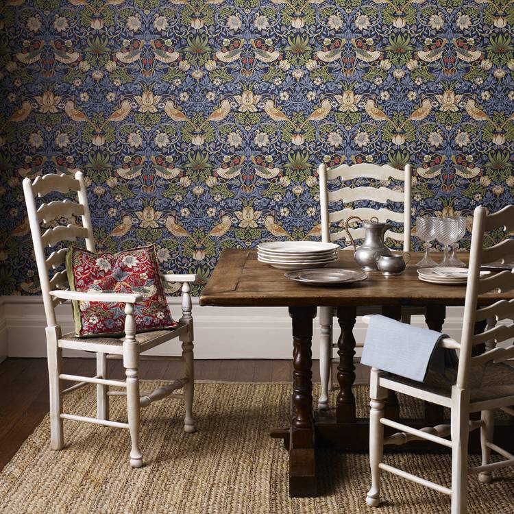 Morris & Co. Strawberry Thief Blue Floral Wallpaper 0