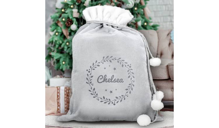 Personalised Message Holly Grey Christmas Sack