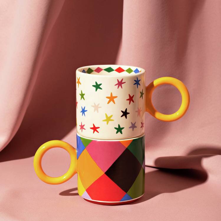 Raspberry Blossom 2 Check And Star Mugs 0