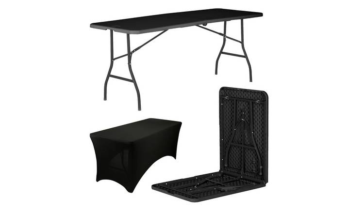 Harbour Housewares Folding Table with Fitted Tablecloth - Black