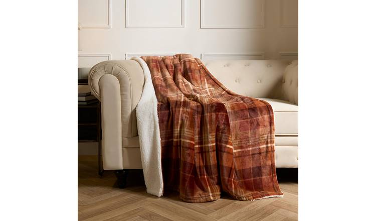 OHS Felix Flannel Check Fleece Blanket Throw 130 x 160cm - Rust