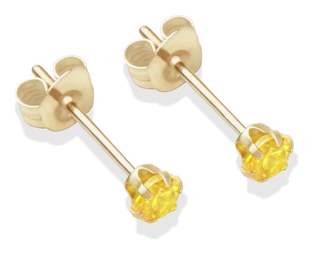 9ct Gold Citrine Coloured Cubic Zirconia Stud Earrings - 3mm