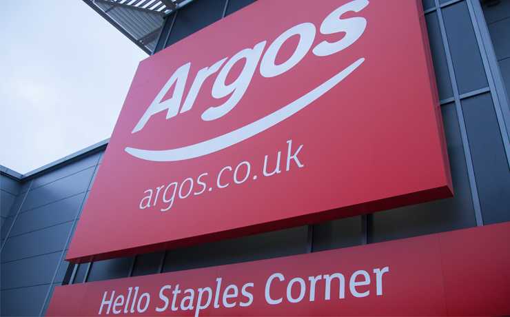 A close up image of the Argos sign outside a store.