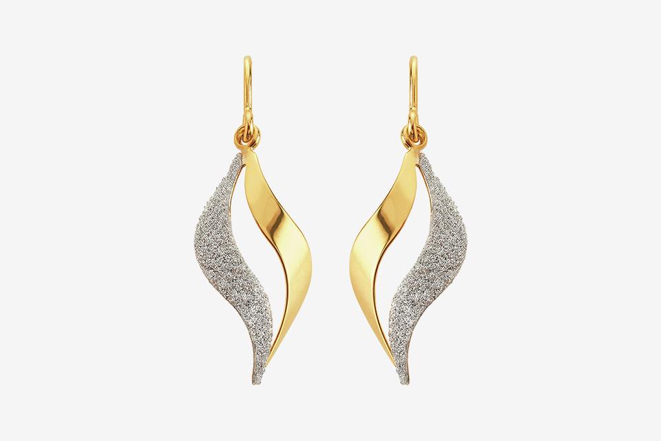 Gold plated silver glitter flame drop earrings.