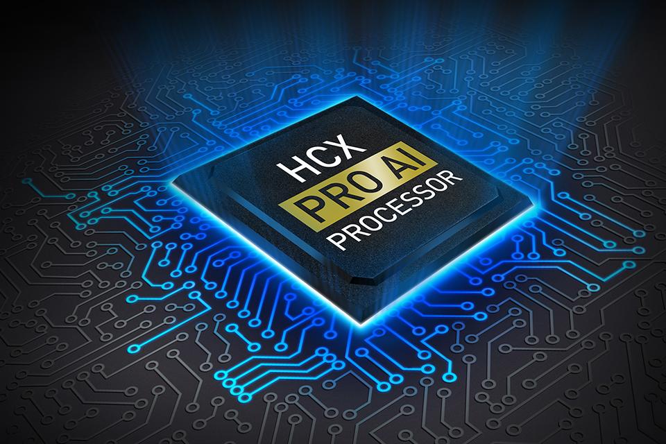 Image shows a HCK Pro AI processor lit in neon blue.