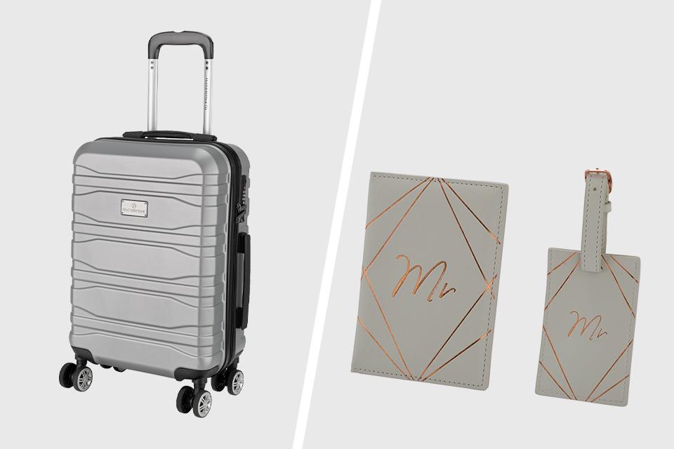 A split image of a silver hard cover suitcase on the right and a grey luggage tag set on the left.