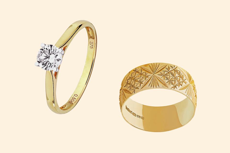 A yellow gold wedding ring with a round cut diamond for her and a 9ct yellow gold wedding ring for him.