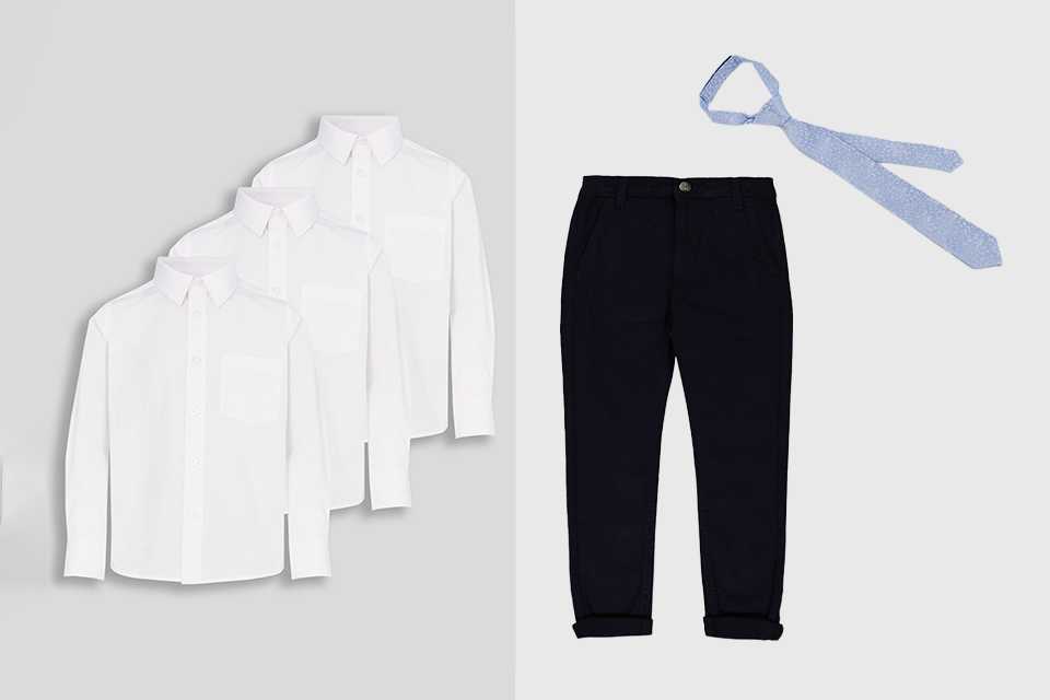 A light blue printed tie, white full sleeve shirt and a navy blue pair of pants for boys.
