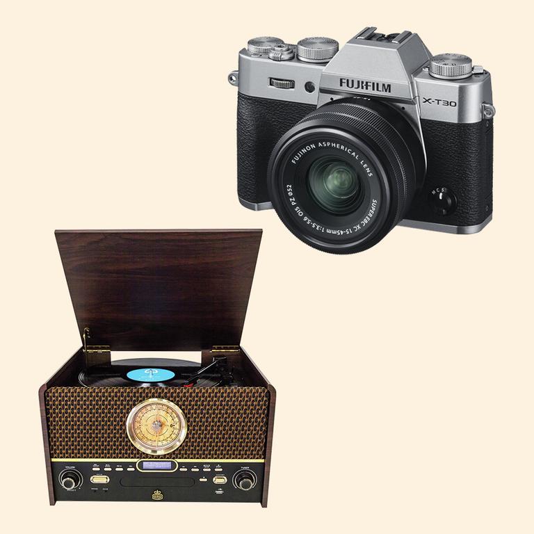 A split image of a retro music player on left and a camera on right.