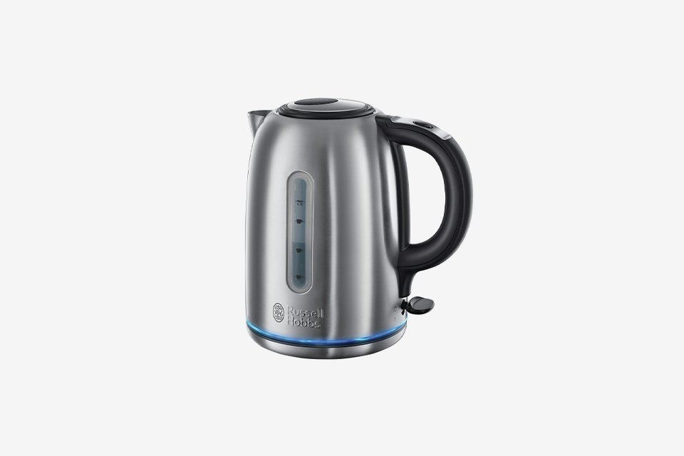 Silver Russell Hobbs kettle with black handle.
