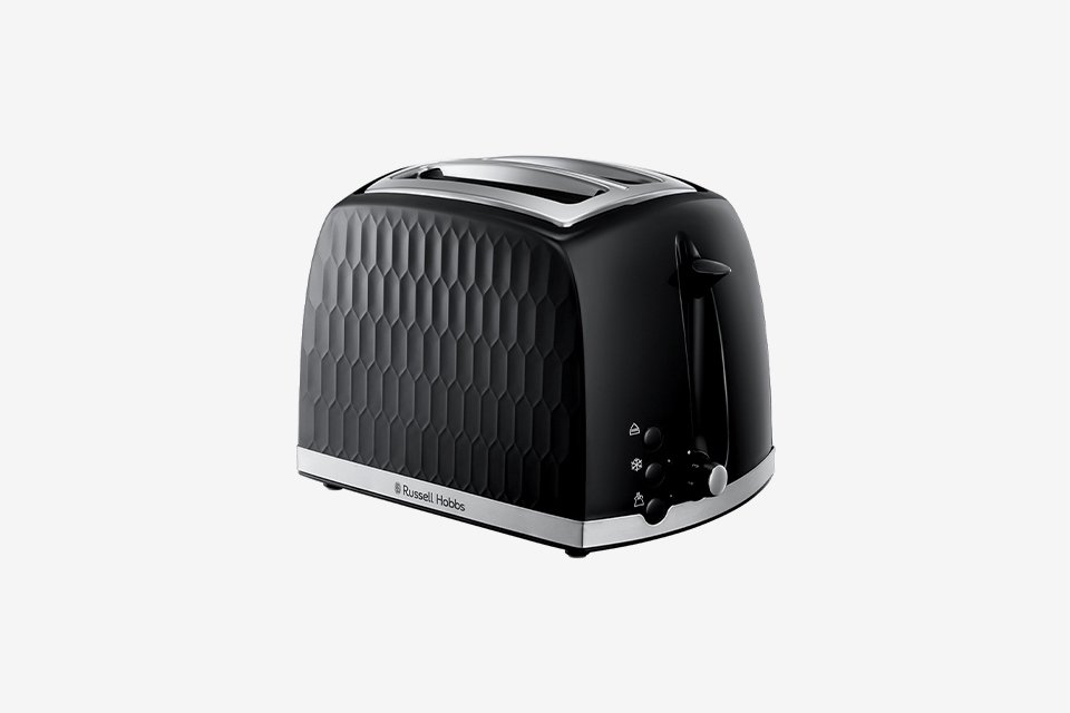 A black Russell Hobbs plastic toaster with honeycomb textured design with stainless steel accents.