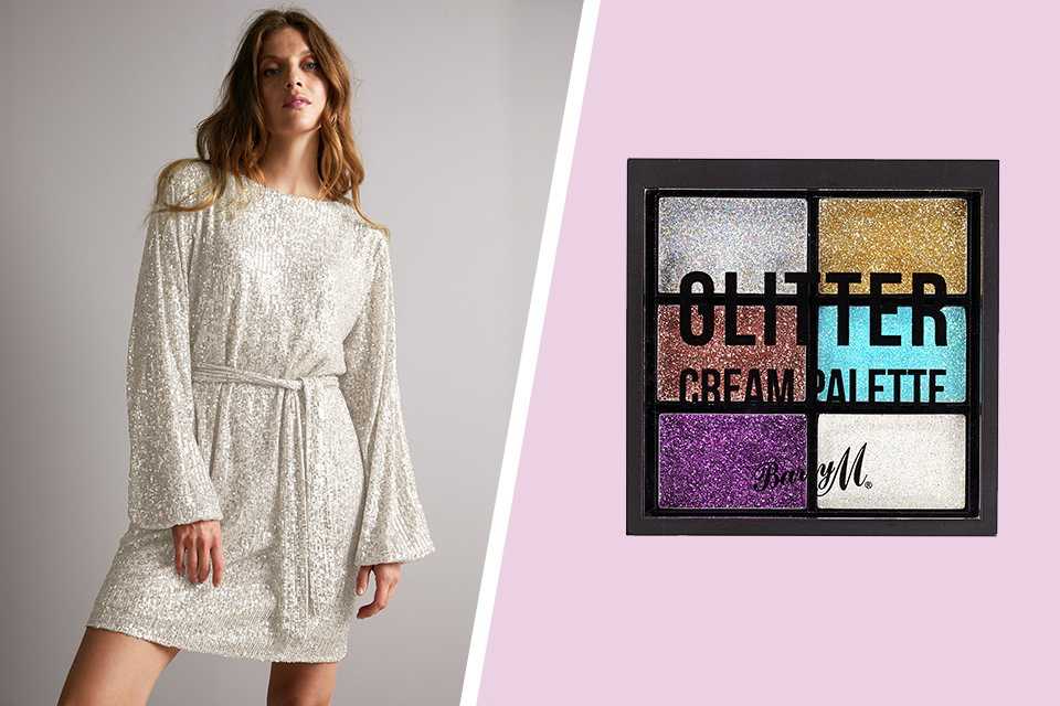 A split image of a girl in Champagne Sequin Short Party Dress on one side and Barry M Cosmetics Glitter Cream Palette on the other.