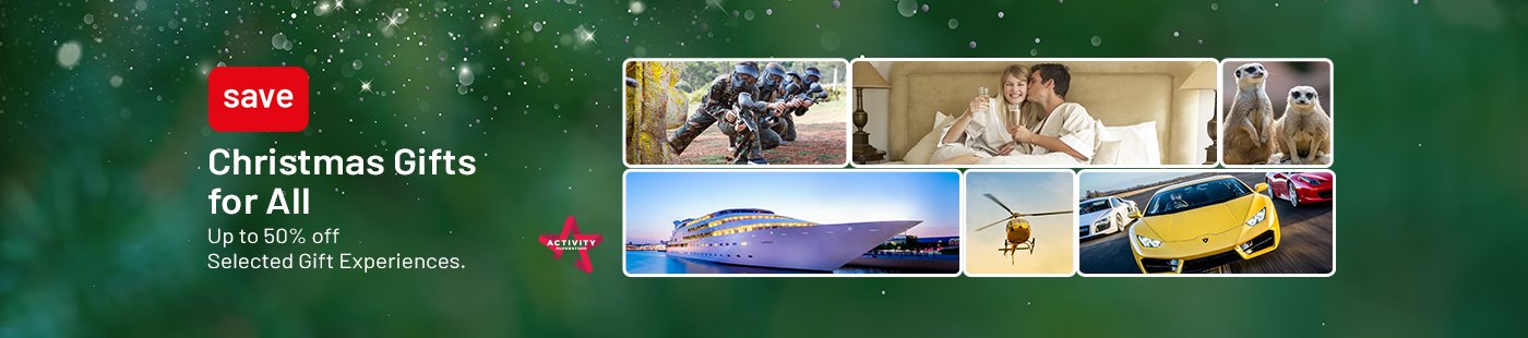 Save. Christmas gifts for all up to 50% off selected gift experiences.