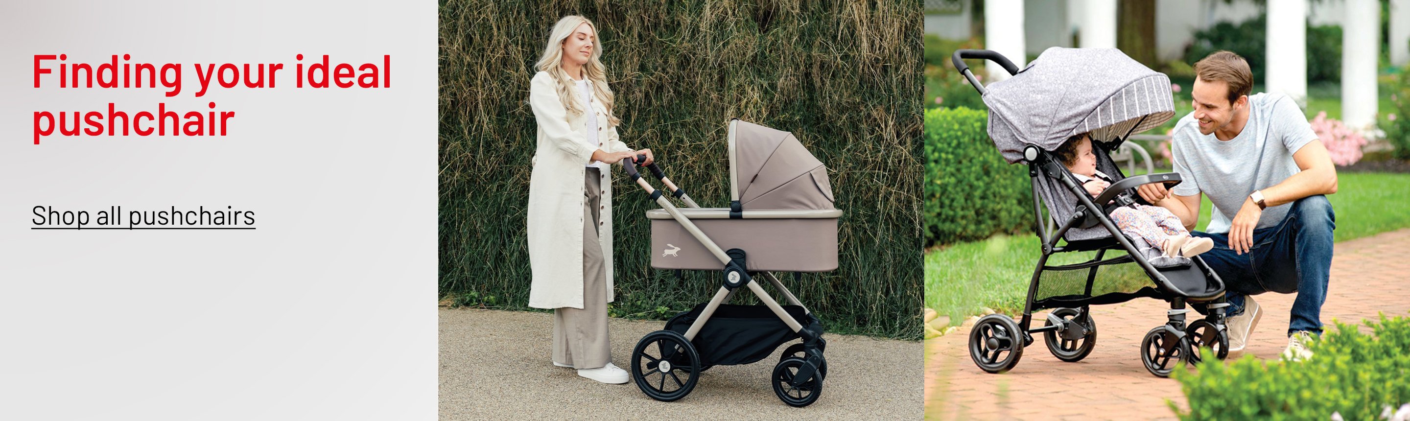 A banner depicting a mother with a Cosatto Giggle 4 Pushchair & Car Seat Travel System - Lollop and a father looking at his baby in a grey 4 wheel stroller.