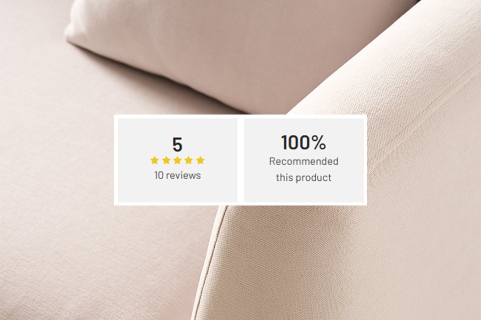 Close-up of beige fabric with product rating showing 5 stars, 3 reviews, and 100% recommendation for quality.