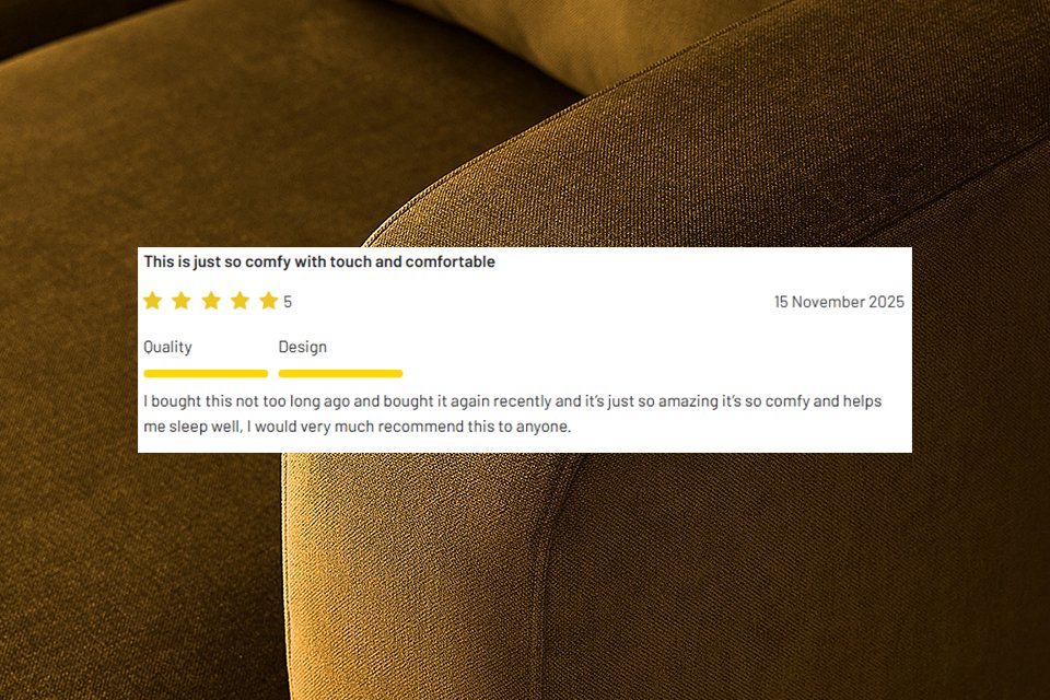 Brown textured fabric with customer review overlay reading ‘Great quality bedding’ and five-star rating praising value and washability.