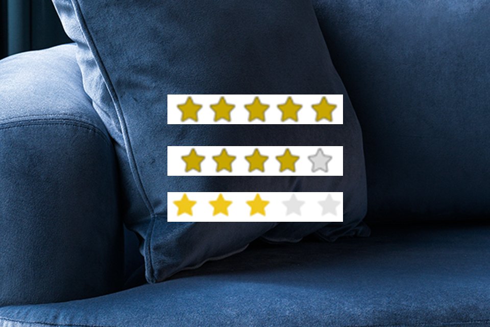 Blue upholstered furniture background with three rows of star ratings: five stars, four stars, and three stars for product reviews.