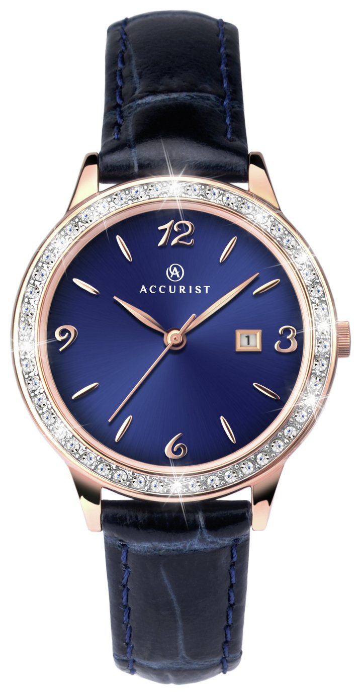 Accurist Ladies' Rose Gold Plated Blue Leather Strap Watch