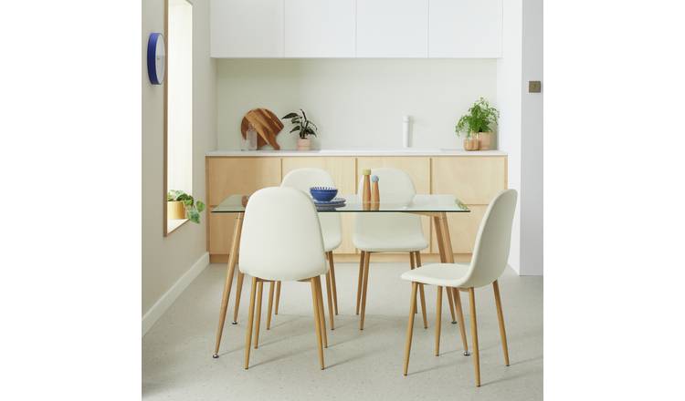 Habitat Beni Glass Oak Dining Table & 4 White Chairs
