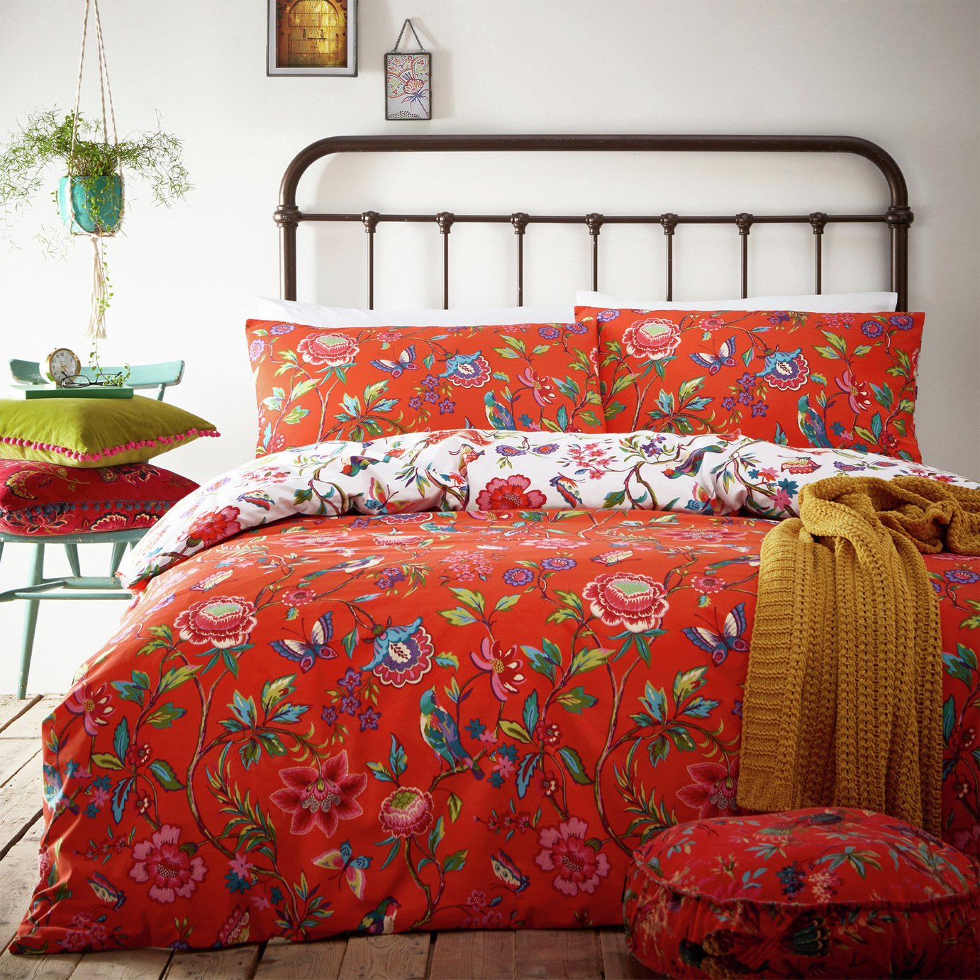 furn Pomelo Tropical Floral Orange Bedding Set - King size