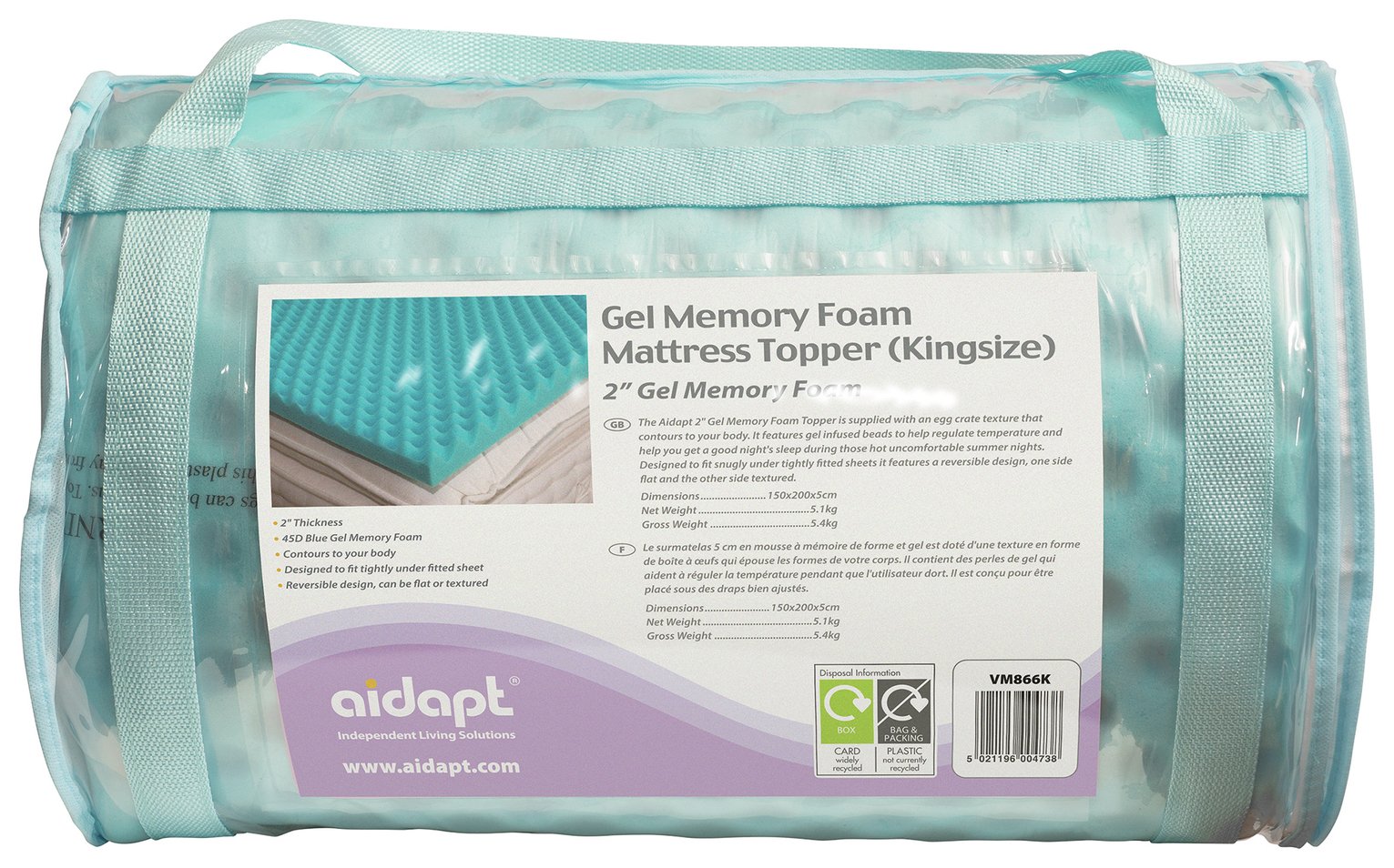 Aidapt 5.0cm Memory Foam Cool Mattress Topper - Kingsize