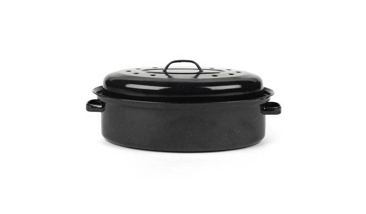 Self-Basting Roasting Pot With Lid Enamel Coated Black Tin Oval Roaster  Large