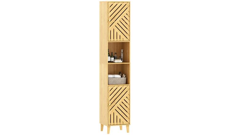 HOMCOM Tall Bathroom Cabinet with Bamboo Doors and Legs - Natural Wood