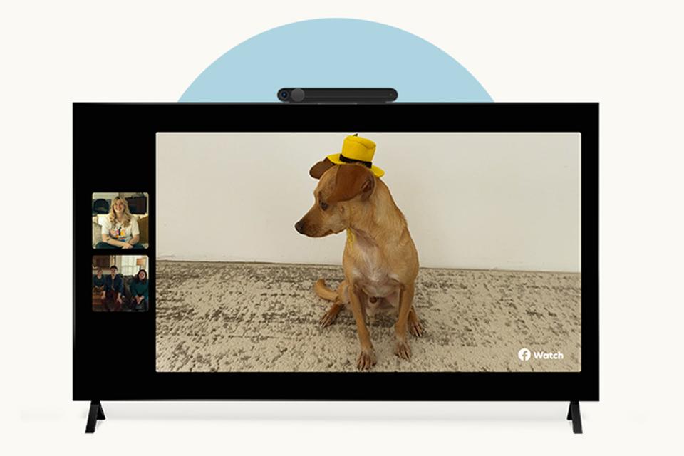 A video of a dog wearing a hat is shown on a Portal device. Other call participants are visible on the left of the screen