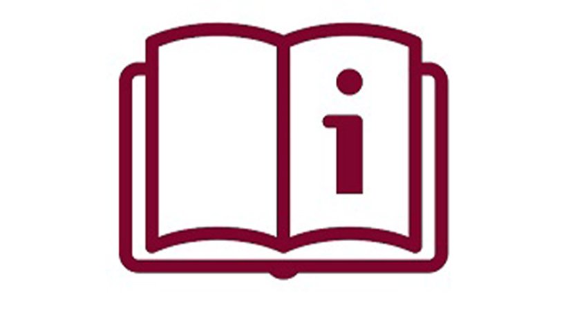 A maroon outline of an open book with i written on it against a white background.